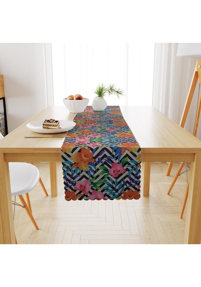 Siyah Beyaz Zigzag Desenli Pembe Turuncu Dijital Baskılı Petek Dokuma Runner 40x140