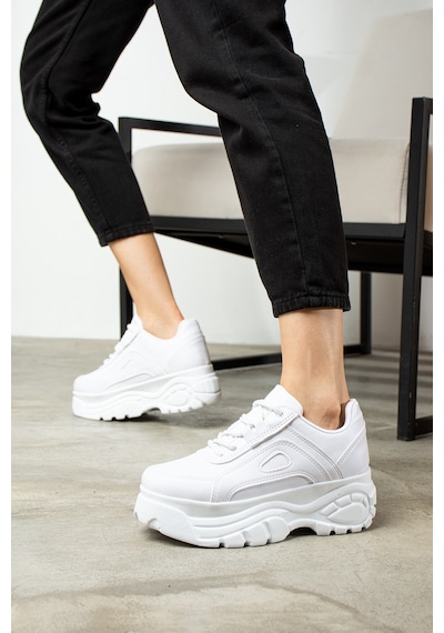 Nstil Günlük Kadın Spor Ayakkabı Yüksek Kalın Taban 6 Cm Suni Deri Sneaker 001 Beyaz