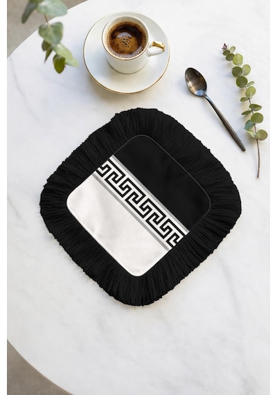 Yunan Motifli Saçaklı Kahve Yanı Servis Peçetesi - Geometrik Lüks Modern Siyah Beyaz Sunum Mendili Çok Renkli