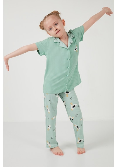 Lela Baskılı Beli Lastikli Gömlek Yaka Kısa Kollu Kız Çocuk Pijama Takımı 6576001 Mint