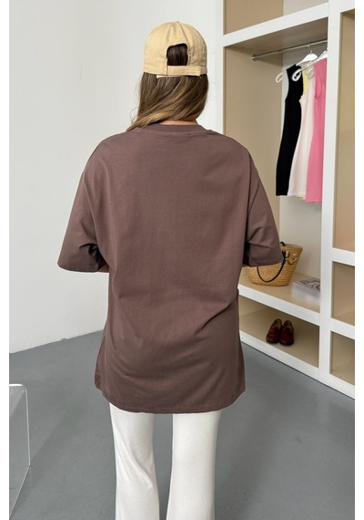 Giysa Kadın Bisiklet Yaka Oversize %100 Pamuklu Basic T-shirt Açık Kahverengi - 26y 26501 Açık Kahverengi