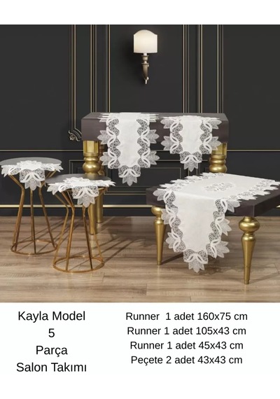 Salon Takımı 5 Parça Keten Dantelli Masa Örtüsü Runner Seti Çeyizlik Kayla Model Krem-gümüş Çok Renkli