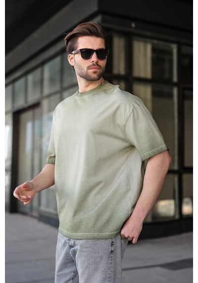 Madmext Haki %100 Pamuklu Bisiklet Yaka Oversize Erkek Tişört E7177 Haki