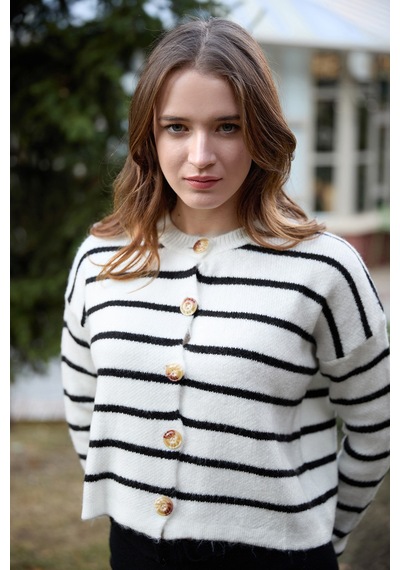 Fullamoda Çizgili Düğmeli Triko Hırka Ekru