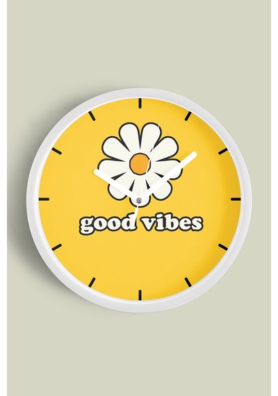 Modern Yazılı Papatya Tasarım - '' Good Vibes '' Duvar Saati - 35cm - Önü Camlı Beyaz Kasa Beyaz
