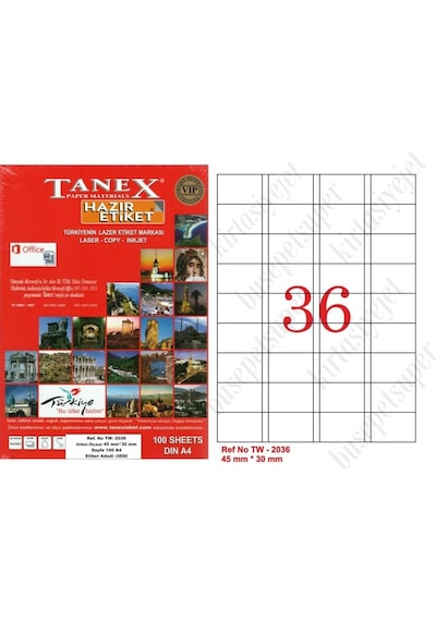 Tanex Tw-2036 Ebat 45 X 30 MM Lazer Etiket A4 Sayfada 36 Etiket