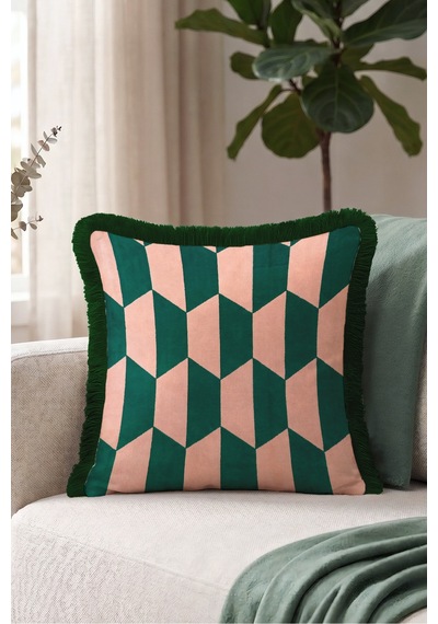 Geometrik Art Deco Kadife Saçaklı Yastık Kılıfı - Zikzak Bohem Pudra Siyah Püsküllü Kırlent Kılıfı Mavi