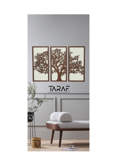 3 Parça Ağaç Tablo Lazer Kesim Dekoratif Tablo 42x62 Krem Ceviz