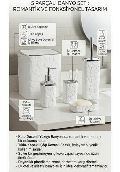 Makri Home 5 Parça Banyo Seti, Kalp Desenli, Beyaz Silver, Kare, Click Kapaklı, Hacim: 8 Litre Beyaz