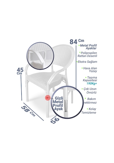 Bahex Bambu 4lü Set Rattan Kollu Bahçe Sandalye Koltuk 4ad Beyaz