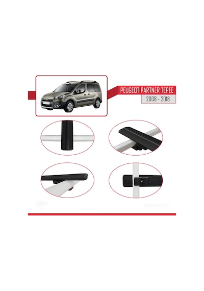 Peugeot Partner Tepee 2008-2018 Arası İle Uyumlu Basic Model Ara Atkı Tavan Barı Siyah 3 Adet