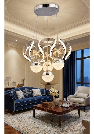 Stella 4 Top Krom Led Sarkıt Avize,3 Renk Yanabilen Modern Avize,salon Led Avize