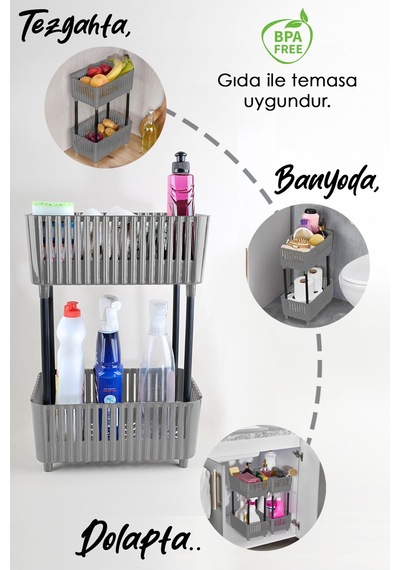 2 Adet 2 Katlı Düzenleyici Mutfak Banyo Rafı - Tezgah Altı Raf Evye Altı Dolap Organizer Gri Antrasit
