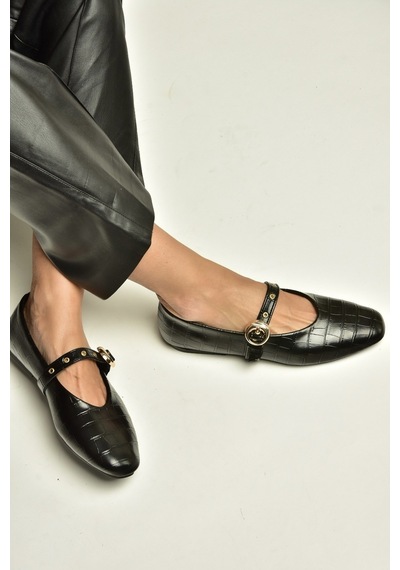 Fox Shoes Z920350011 Siyah Kroko Basklı Kadın Babet