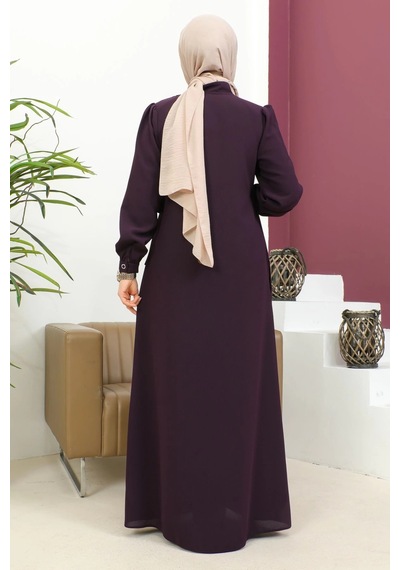 Nevayla Moda Bağlamalı Çıt Çıt Detaylı Ferace - Mürdüm Mürdüm