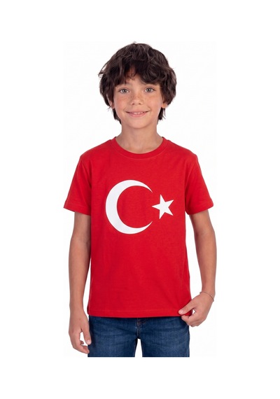 Onloox Erkek Kırmızı Erkek Çocuk Kırmızı Pamuklu Bisiklet Yaka Kısa Kollu Regular Türk Bayrağı Baskılı Tişört 4-14 Yaş KIrmızı