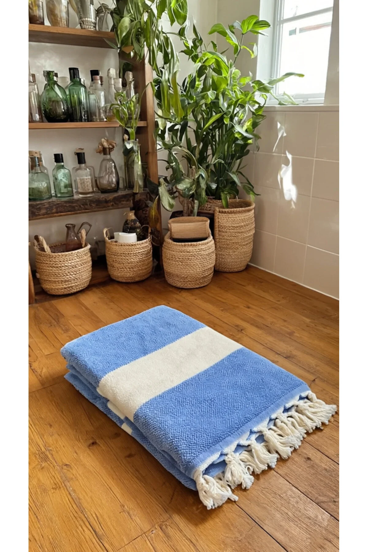 Unisex Mavi Peştemal Havlu Şık Ve Pratik Kullanım, %100 Pamuk, 90 X 150 Cm Beyaz - Mavi