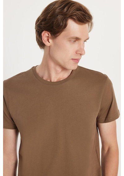Tudors Unisex Slim Fit Dar Kesim %100 Pamuk Yumuşak Dokulu Kahverengi Bisiklet Yaka Tişört-34607 Kahverengi