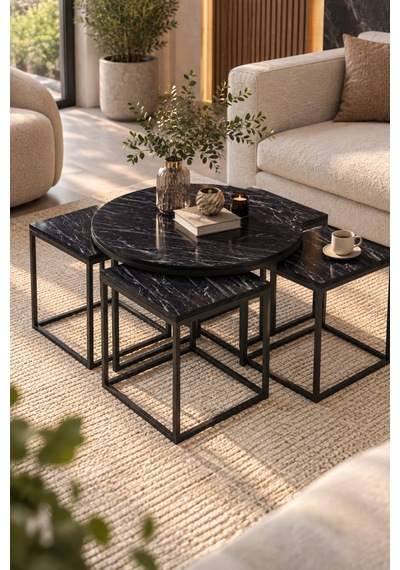 Sulorahome 5'li Sehpa Seti Bendir Siyah Mermer Desenli Metal Ayaklı