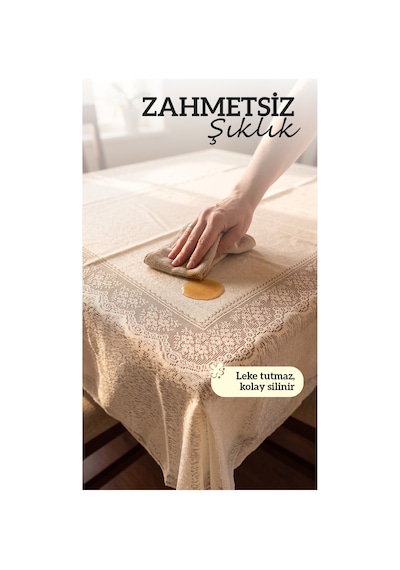 Ekru Masa Örtüsü Dantel Kenarlı Leke Tutmaz Silinebilir Şık Yemek Masası Örtüsü 140x220 Cm Ekru - Bej
