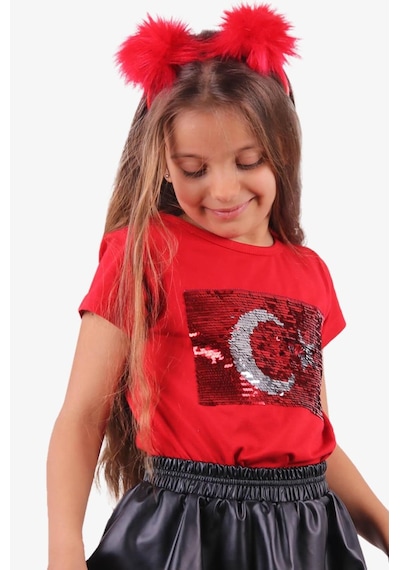 Breeze Çocuk Oynar Pulu Türkiye Bayraklı Tshirt-13372 Kırmızı
