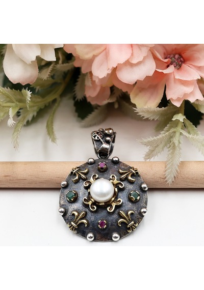 Yakut Ve Zümrüt Taşlı Otantik El Yapımı İncili Set Rose Gold - Gümüş