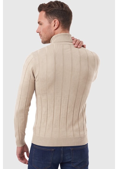 Deepsea Erkek Bej Slim Fit Likralı Tam Balıkçı Yaka Çizgili Boğazlı Kazak 2505504 Bej