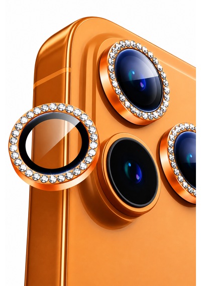 İphone 17 Pro / 17 Pro Max Uyumlu Taşlı Kamera Lens Koruyucu Kozmik Turuncu