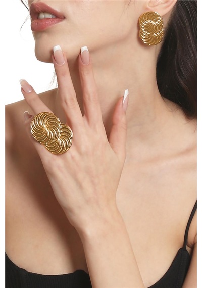 Kadın Lak Altın Renk Kaplama Çivili Model Spiral Baskılı Tasarım Küpe &yüzük Set Altın