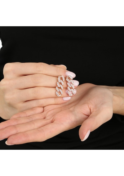Tesbihane Çift Sıra Beyaz Zirkon Taşlı Rose Renk 925 Ayar Gümüş Gurmet Kadın Küpe Pembe