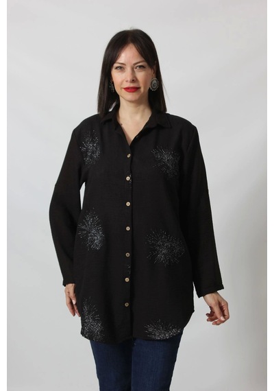 Moda Berray Sb-092 Siyah Gümüş Yaldızlı Güneş Desenli Kolu Apoletli Yandan Cepli Tunik Gömlek Kadın Büyük Beden Siyah Moda Berray Sb-092 Siyah Gümüş Yaldızlı Güneş Desenli Kolu Apoletli Yandan Cepli Tunik Gömlek Kadın Büyük Beden Siyah