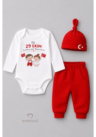 Babyden's İlk 29 Ekim Cumhuriyet Bayramım Baskılı 3'lü Bebek Takımı 100 Pamuk Uzun Kollu Çıtçıtlı Body Pantolon Bere Seti Beyaz - Kırmızı
