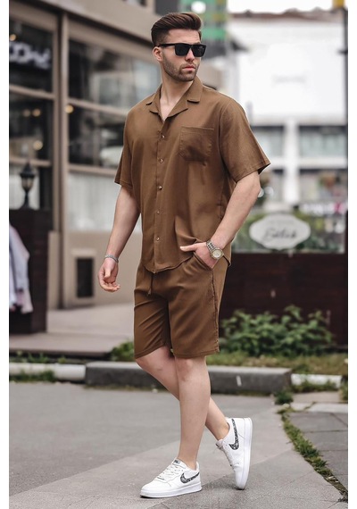 Madmext Erkek Kahverengi Basic Oversize Gömlek Takımı 5588