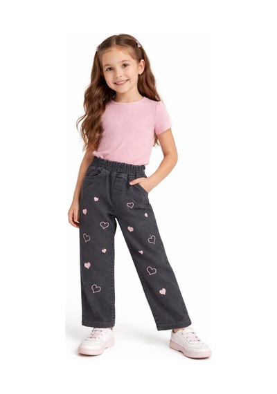 İrem Çocuk Giyim Kız Çocuk Pembe Kalp Nakışlı Beli Lastikli Koyu Füme Renk Pantolon Siyah