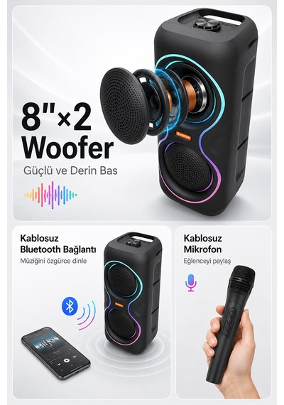 Aşınabilir Mikrofonlu 50w Led Işıklı Bluetooth Hoparlör Seti