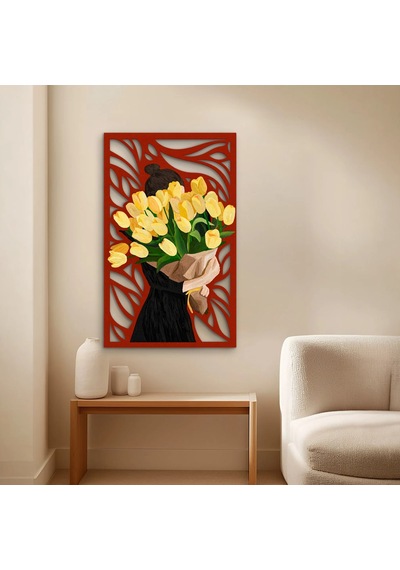 Sarı Lale Buketi Taşıyan Kadın - Metal Tablo - Dec0340 77 X 125 Cm Çok Renkli