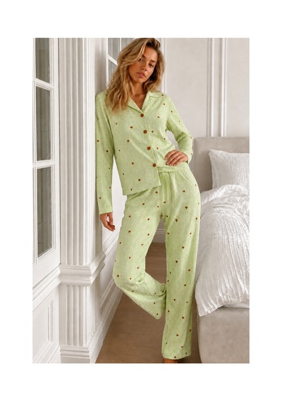 Fit Women Kadın Puantiyeli Uzun Kollu Düğmeli Yeşil Pijama Takımı