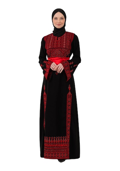 Zaytoon Filistin Nakışlı Modern Siyah Kaftan Elbise - Geleneksel Şıklık Kırmızı