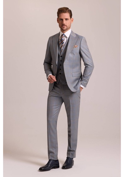 Erkek Gri Bej Slim Fit Sivri Yaka Yelekli Yün Takım Elbise Gri - Bej