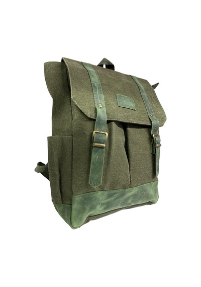 Old Cotton Cargo Kanvas Deri Su Geçirmez Unisex Laptop Bölmeli Gezi Okul Seyahat Kamp Sırt Çantası Haki