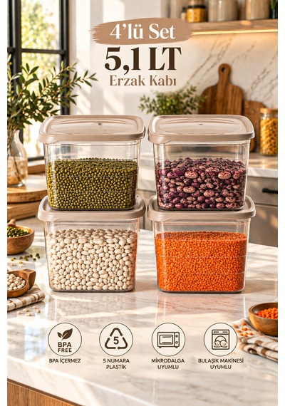Porsima 0976 4'lü Kare Erzak Saklama Kabı Seti 5,1 Lt Cafe Latte - Şeffaf Bakliyat, Deterjan & Mutfak Düzenleyici Kutu Kahverengi