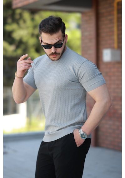 Erkek Bisiklet Yaka Örgü Desenli Kısa Örme Triko Kısa Kollu T-shirt Gri