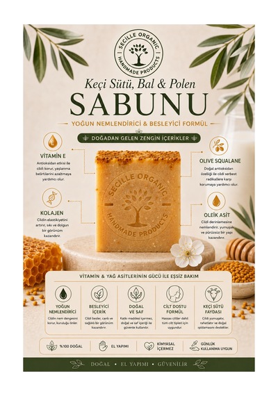 Secille Organic Soğuk Döküm Keçi Sütü Bal Ve Polen Sabunu 120g-el Yapımı Doğal Sabun