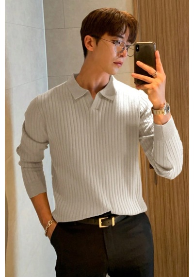 Cool Tarz Erkek Polo Yaka Triko Kazak Slim Fit Fitilli Bej
