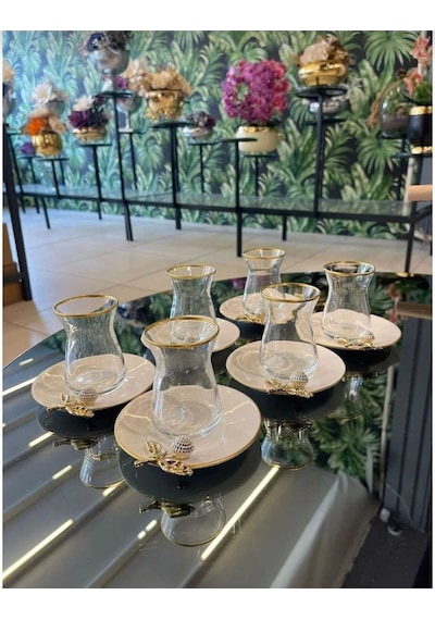 Çnr Home Collection Pandoranin Kutusu Porselen Tabakli Taşli Çay Seti Gold