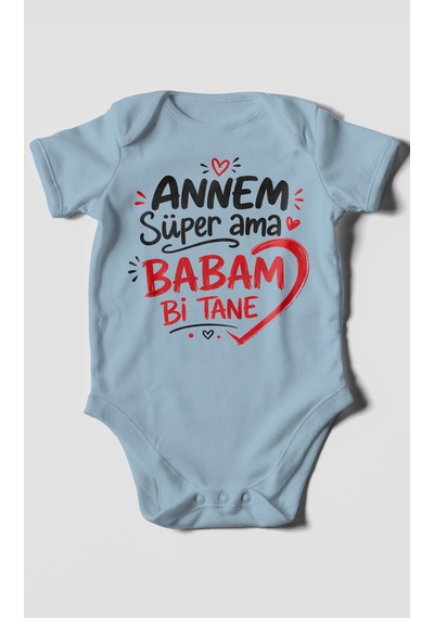 Morivokids Annem Süper Ama Babam Bi Tane Kısa Kollu Bebek Body %100 Pamuk Bebe Mavisi
