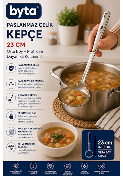 Paslanmaz Çelik Orta Boy Kepçe 23 Cm Çorba, Yemek Ve Sos Servis Kepçesi