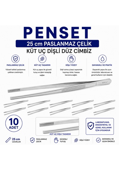 Penset 25 Cm Paslanmaz Çelik - Küt Uç Dişli Düz Cımbız 10 Adet