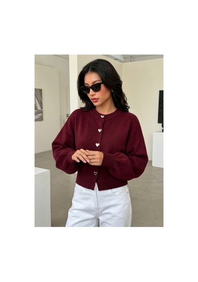 Sayzen Your Shine Trend Kalp Düğmeli Kadın Triko Hırka Bordo