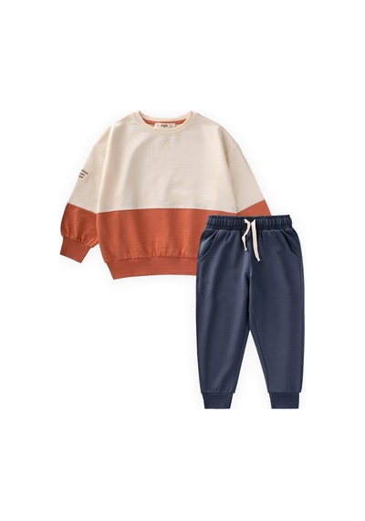 Cigit Garnili Sweatshirt İnce Mevsimlik Takım 8-12 Yaş Ekru Lacivert